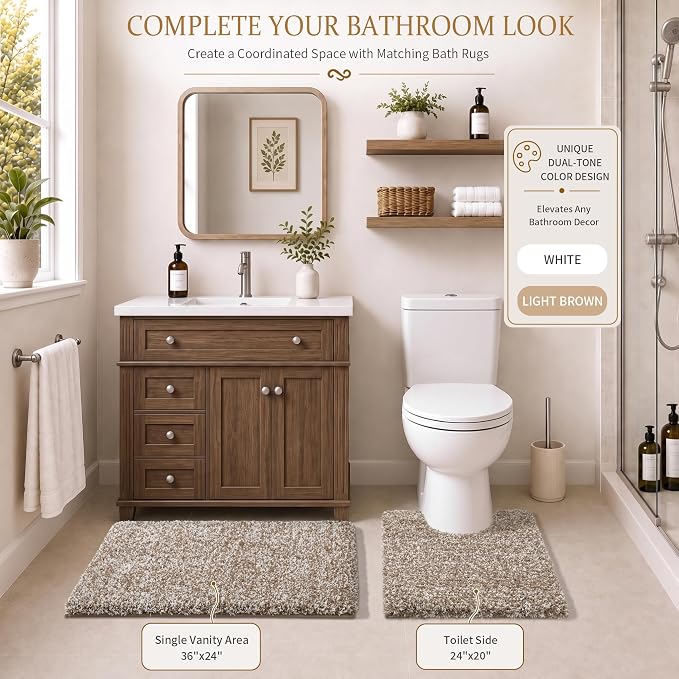 Yimobra Toilet Rugs U Shaped Washable 24X20, Ultra Soft and Water Absorbent Bath Mats, Non Slip Fluffy Shaggy Luxury Microfiber Contour Bath Rugs for Toilet, Dry Quick, Light Brown and White