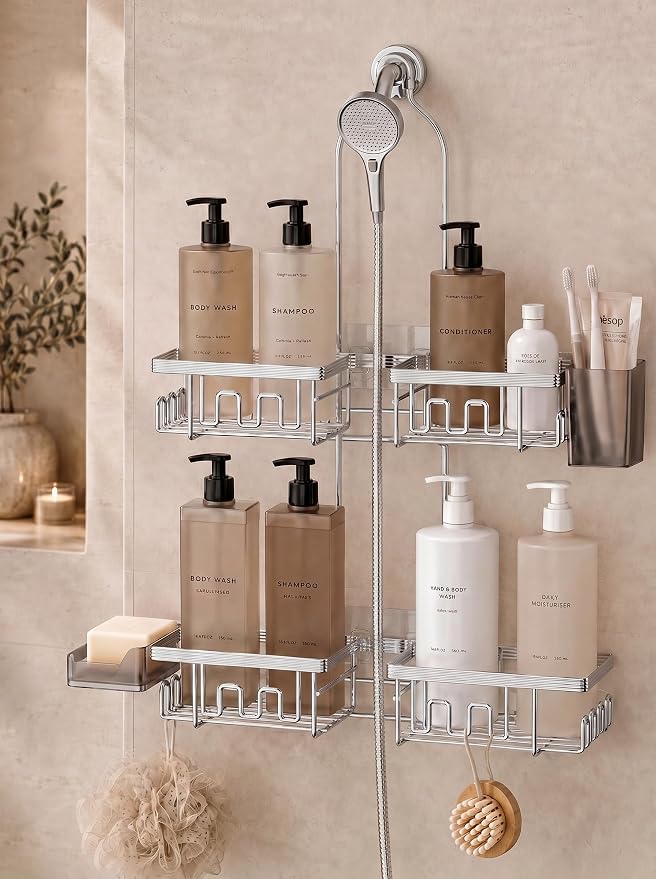 Adjustable Shower Caddy Hanging for Handheld Showerheads, Rustproof, Silver | Anti-Swing, Split Design, Shower Organizer with Hooks, Soap Holder and Toothbrush Holder, No-Drill Bathroom Storage