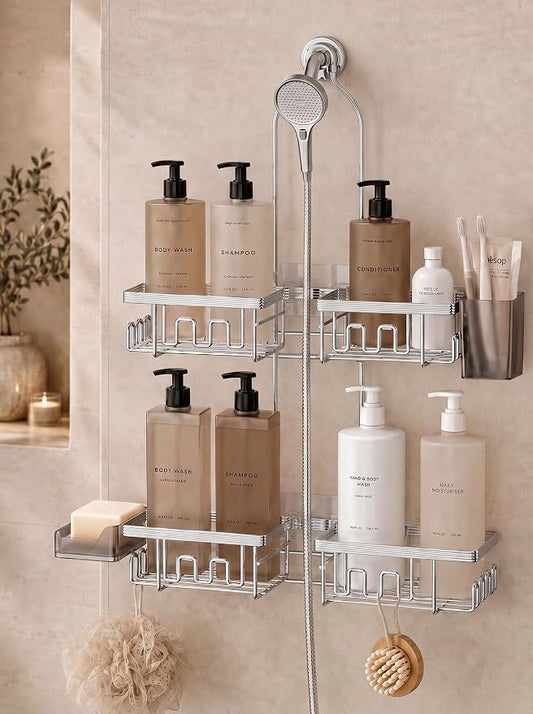 Adjustable Shower Caddy Hanging for Handheld Showerheads, Rustproof, Silver | Anti-Swing, Split Design, Shower Organizer with Hooks, Soap Holder and Toothbrush Holder, No-Drill Bathroom Storage