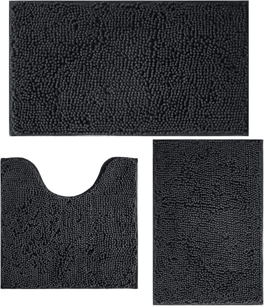 3 Piece Bathroom Rugs Set, Non-Slip Bath Mats with PVC Backing, Super Absorbent Washable Plush Carpet, Soft Shag Rug for Bathroom Bedroom Kitchen Home Decor (Dark Grey)