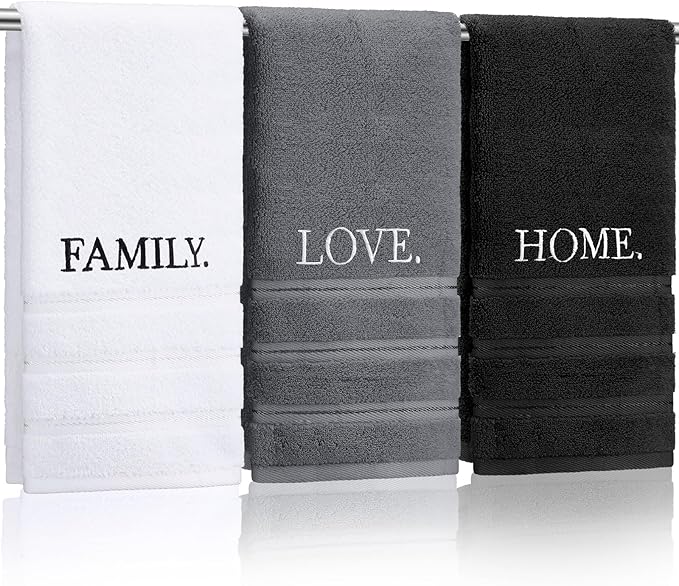 3 Pcs Hand Towels Bathroom Set,Black,Home Love Family | Embroidered Cotton Farmhouse Towels, Kitchen Decor, Rustic Boho Decorative with Text Labels, Guest Bath Home