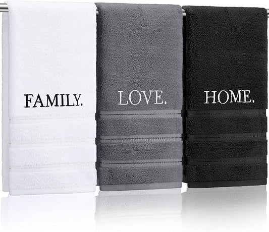 3 Pcs Hand Towels Bathroom Set,Black,Home Love Family | Embroidered Cotton Farmhouse Towels, Kitchen Decor, Rustic Boho Decorative with Text Labels, Guest Bath Home