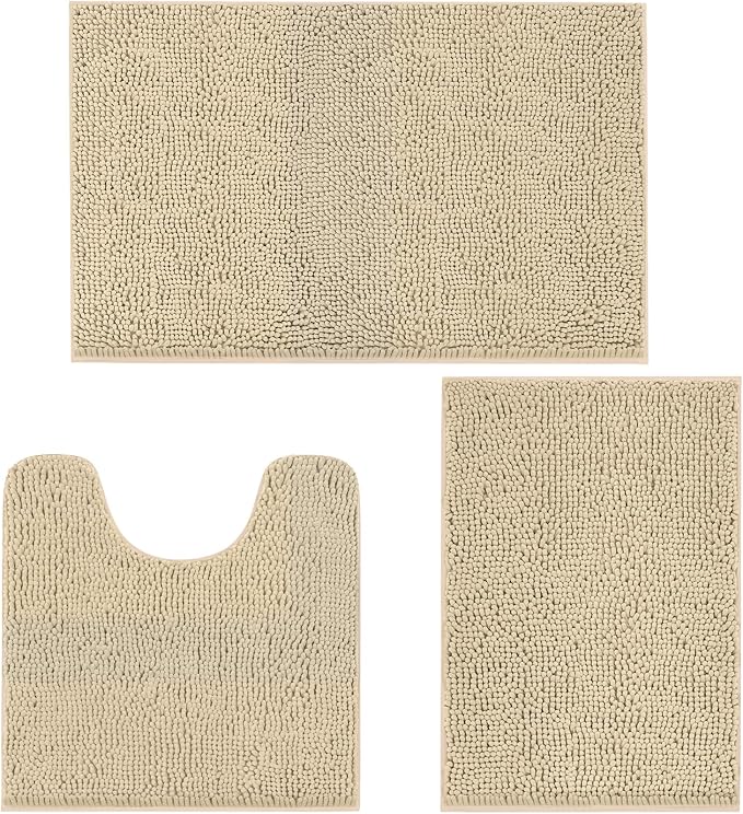 TREETONE Bathroom Rugs Sets, Thick Soft Absorbent 3 Piece Chenille Bath Rugs, Non-Slip, Dry Quickly, Machine Washable, Shaggy Mats with U-Shaped Toilet Rug for Bathroom Floor, Tub and Shower, Beige