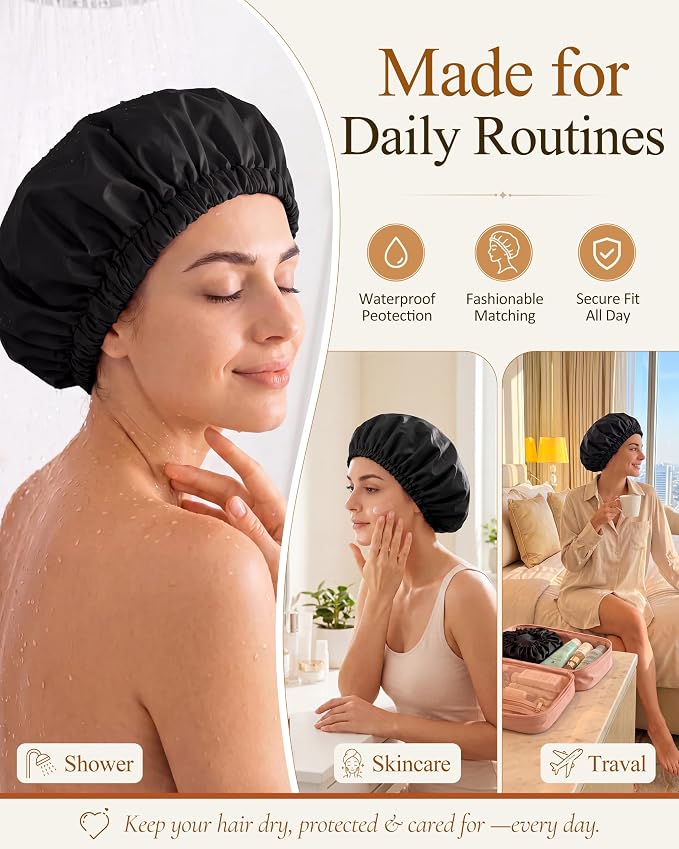 Edoneery Shower Caps for Women Reusable Waterproof, Shower Hair Cap | Washable Bonnet, Wide Elastic Band, Large Fit, Holds Long Hair, Braids Friendly, Bath Accessories, Spa, Travel