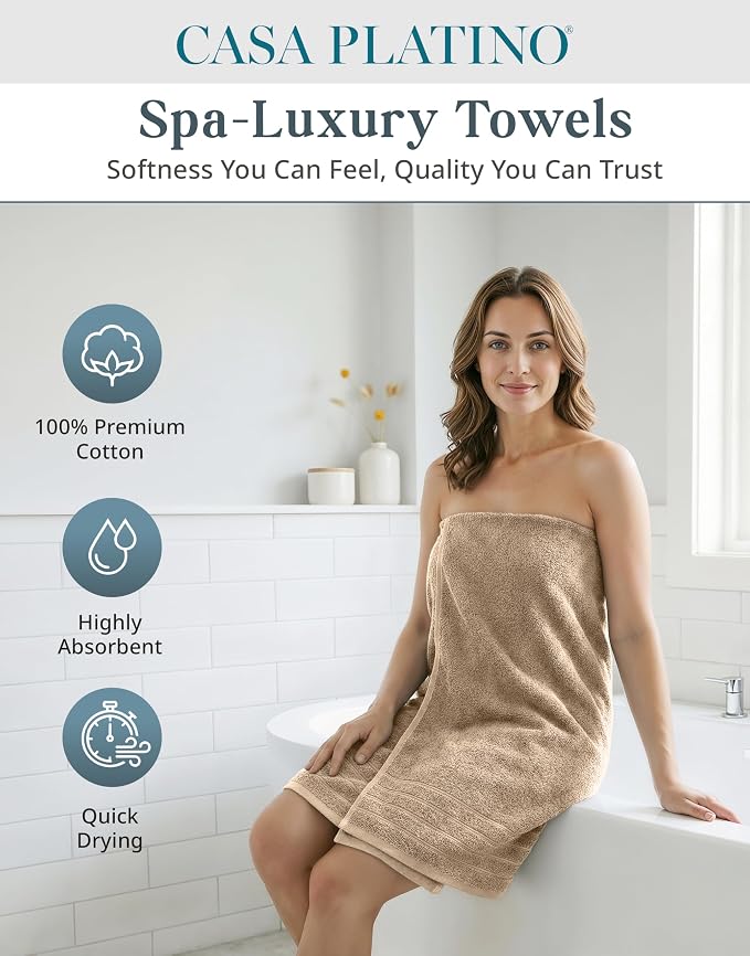 Casa Platino Large Bath Towel Set Absorbent Quick Dry 100% Cotton - Beige | Cotton Towels - Fade-Resistant Color, Classic Terry Weave, Densely Woven, Coordinated Colors, Dobby Border Accent