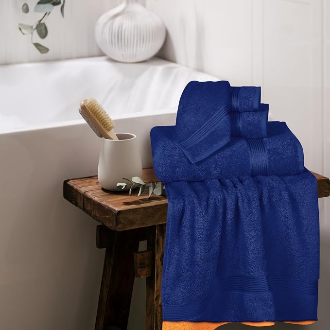 Ultra Soft 6 Pack Cotton Towel Set, Contains 2 Bath Towels 28x55 inch, 2 Hand Towels 16x24 inch & 2 Wash Coths 12x12 inch, Ideal Everyday use, Compact & Lightweight - Navy Blue