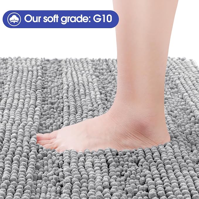 Striped Light Grey Toilet Bathroom Rug Mat 24" x 20" Contour Rug Ultra Soft, Non Slip Chenille Bath Rugs, Absorbent Plush Shaggy Bath Mats for Bathroom, Bedroom, Kitchen, Shower, Tub,Light Gray