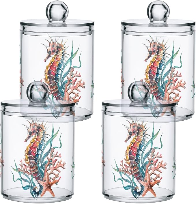 2 Pack Qtip Holder Dispenser for Cotton Ball Seahorse Starfish Watercolor Ocean Cotton Swab Cotton Round Pads Clear Plastic Acrylic Jar Set Bathroom Canister
