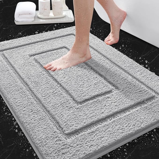 IM HOME Bathroom Rugs, Ultra Soft Plush Fluffy Microfiber Absorbent Bath Mat, Non-Slip Backing, Machine Washable Bath Mats for Bathroom Floor, Tub and Shower, Grey/24"x17"/Bordered