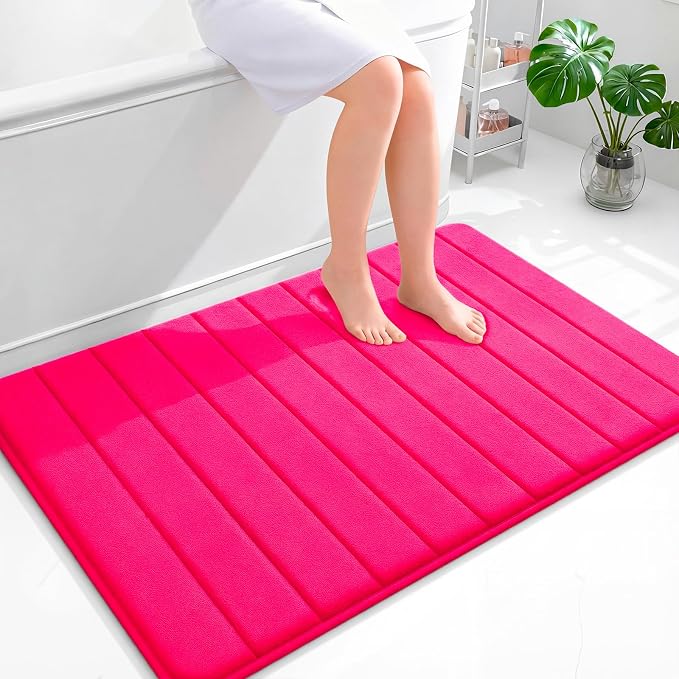 OLANLY Memory Foam Large Bath Mat 44x32, Super Soft Absorbent Bathroom Rugs | Hot Pink, Quick Dry Bath Rug, Machine Washable Shower Floor Mats, Bathmat Carpet for Bathroom Floor, Tub and Shower