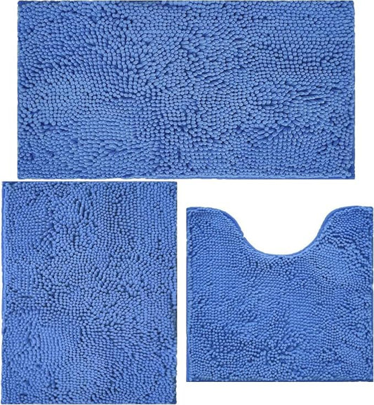 Bathroom Rugs Chenille Bath mat 3 Piece Set, Super Absorbent, Strong PVC Non Slip Backing, Bath mats for Bathroom, Plush Shaggy, Thick, Machine Washable, Bathtub, Toilet, Dark Blue