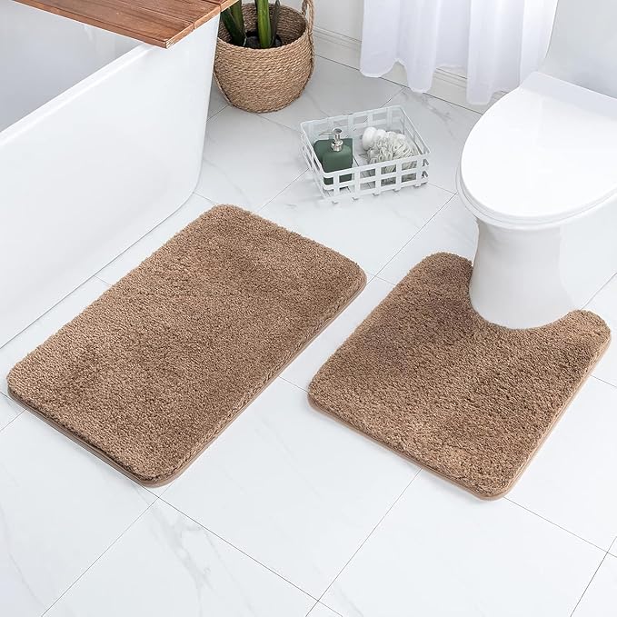 MIULEE Light Brown Bathroom Rugs Set 2 Piece Soft Bath Mats 20x20+16x24 in | Absorbent Microfiber Bath Mat and U-Shaped Toilet Rug, Non Slip, Quick Dry, for Bathroom Floor Tub Showers, Machine Washable