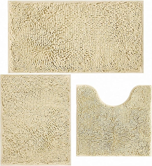 Bathroom Rugs Chenille Bath mat 3 Piece Set, Super Absorbent, Strong PVC Non Slip Backing, Bath mats for Bathroom, Plush Shaggy, Thick, Machine Washable, Bathtub, Shower, Toilet, Beige