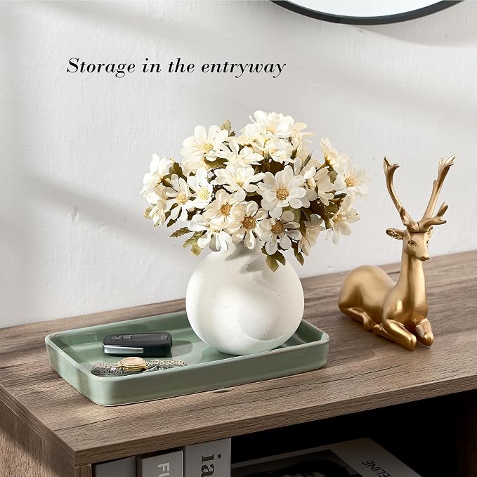 10"×6"×1" Bathroom Vanity Tray for Countertop- Ceramic Decorative Organizer Tray for Dresser Tops, Toilet, Perfume, Sponge Holder Soap Dish Dispenser for Kitchen Counter- Kiln-Transformed Green