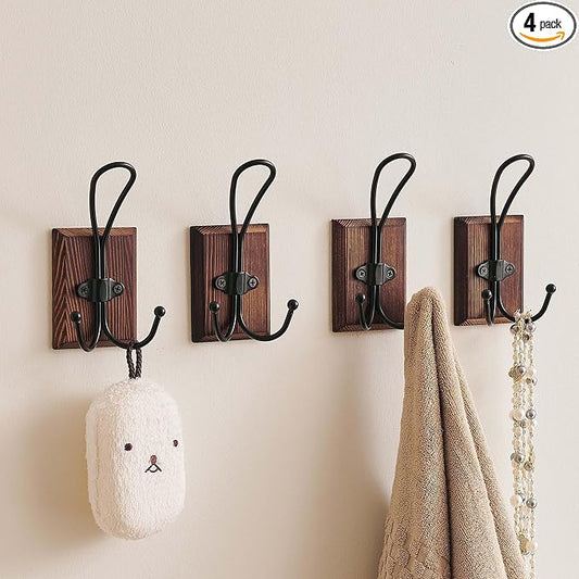 4 Pack Farmhouse Towel Hooks for Bathrooms, Heavy Duty Adhesive Mounted & Wall Mount Rustic Farmhouse Decorative Wood Wall Hooks for Hanging Towel Robe Coat (Brown)