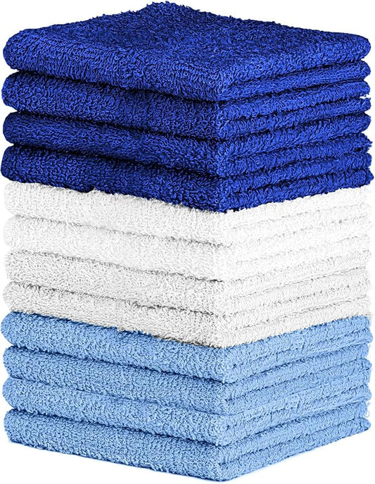 QUBA LINEN 100% Cotton Washcloth Set – Soft, Absorbent Face Towels for Bathroom & Gym Use – Durable & Reusable Wash Cloths - (Blue, White and Navy (12x12), (Pack of 12)