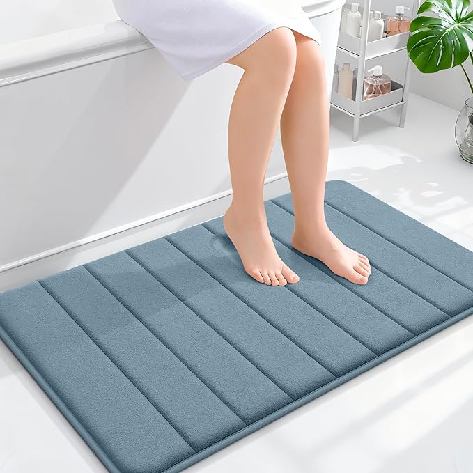 OLANLY Memory Foam Bath Mat 35x24, Super Soft and Absorbent Bathroom Rugs | Airy Blue, Quick Dry Bath Rug, Machine Washable Shower Floor Mats, Bathmat Carpet for Bathroom Floor, Tub and Shower