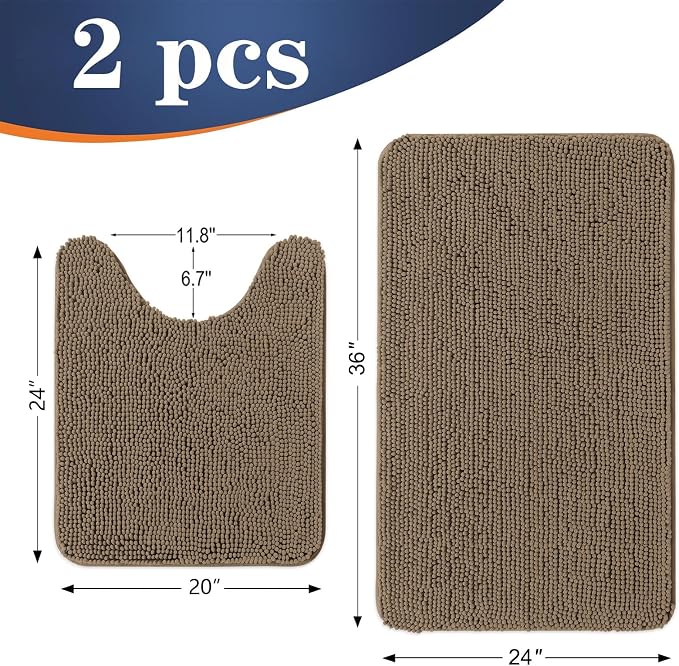 OLANLY Chenille Bathroom Rugs Mats Sets 2 Piece, 36"x24"+24"x20", Tan | Soft Absorbent Bath Mat and U-Shaped Contour Toilet Rug Set, Quick Dry, Machine Washable Bath Carpet, Home Decor Accessories