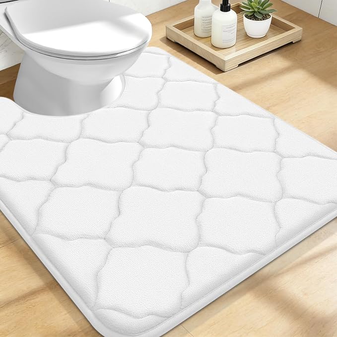 OLANLY Memory Foam Toilet Rugs U-Shaped 24x20, Soft Bath Mat, White | Thick Absorbent Carpet, Non-Slip Backing, Machine Washable, for Bathroom Floor, Tub, Shower and Home Decor Accessories