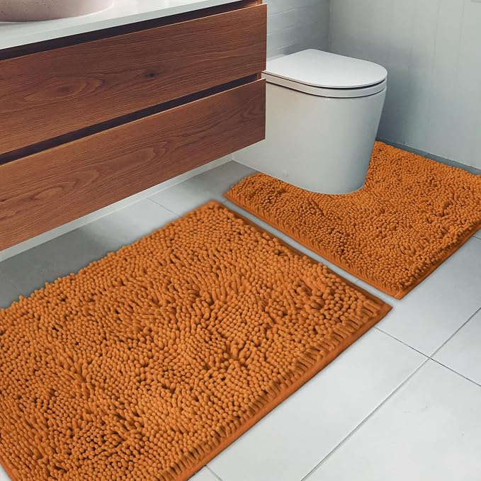 Bathroom Rugs Chenille Bath mat 2 Piece Set, Super Absorbent, Strong PVC Non Slip Backing, Bath mats for Bathroom, Plush Shaggy, Thick, Machine Washable, Bathtub, Toilet.(Champagne)