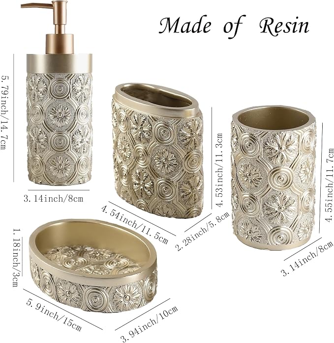 Hymmah Bathroom Accessories Set,Golden Design Toothbrush Holder,Farmhouse Bathroom Decor,4 Pcs Resin Gift Set Apartment Necessities, Contain Toothbrush Cup,Soap Dispenser,Soap Dish,Tumbler