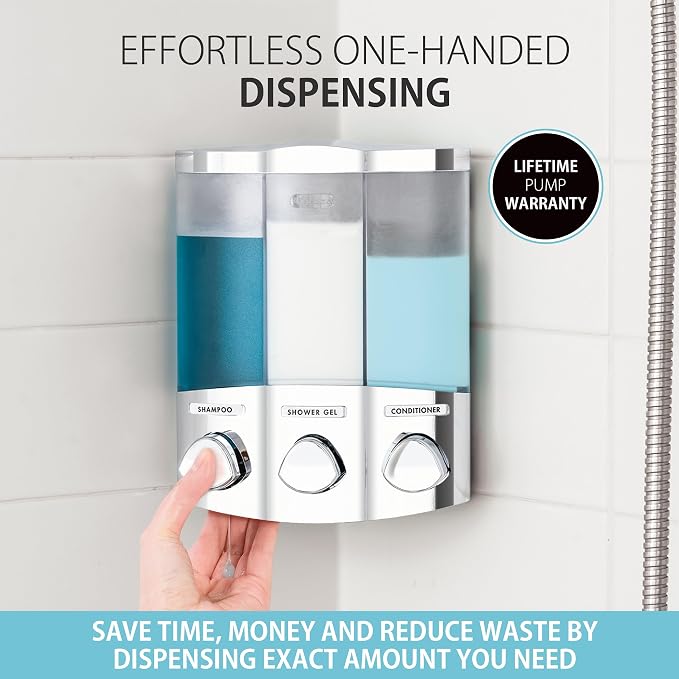Better Living Products 76344-1 Euro Series TRIO 3-Chamber Soap and Shower Dispenser, Chrome