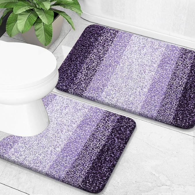 OLANLY Micorfiber Bathroom Rug Set 2 Piece, 24"x16"+U-Shaped 24"x20" | Violet, Soft Absorbent Bath Mats and Contour Toilet Rug, Non-Slip, Machine Wash Dry, Plush Shaggy Bath Mats for Bathroom
