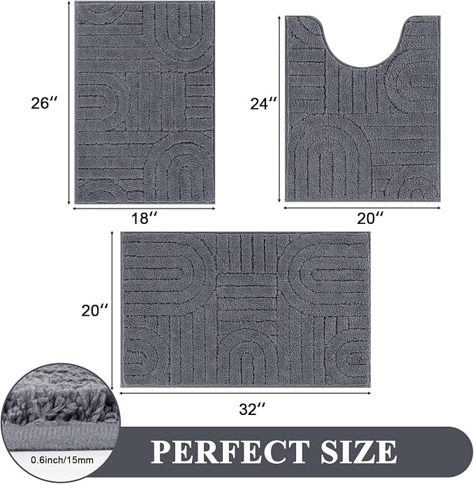 Vaukki Grey Bathroom Rugs Sets 3 Piece, 32x20+26x18+24x20 Inch | Washable Non Slip Soft Bath Mats for Shower and Tub, Plush Absorbent Microfiber Toilet Rug U Shaped