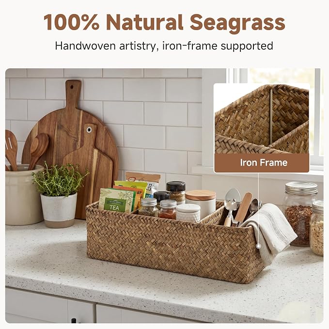 StorageWorks Toilet Paper Baskets for Shelves, 3-Section Wicker Baskets Storage, Back of Toilet Basket for Tank Topper, Counter, Pantry, Living Room Decor, 2 Pack Seagrass Basket
