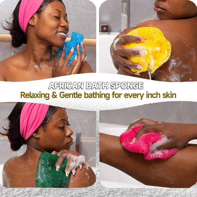 Authentic African Net Sponge, 5 Pack 45-Inch Exfoliating Bath Sponge and Shower Loofah for Body and Back, Colorfast Quick-Dry Knotted Mesh Scrubber with Travel Pouch