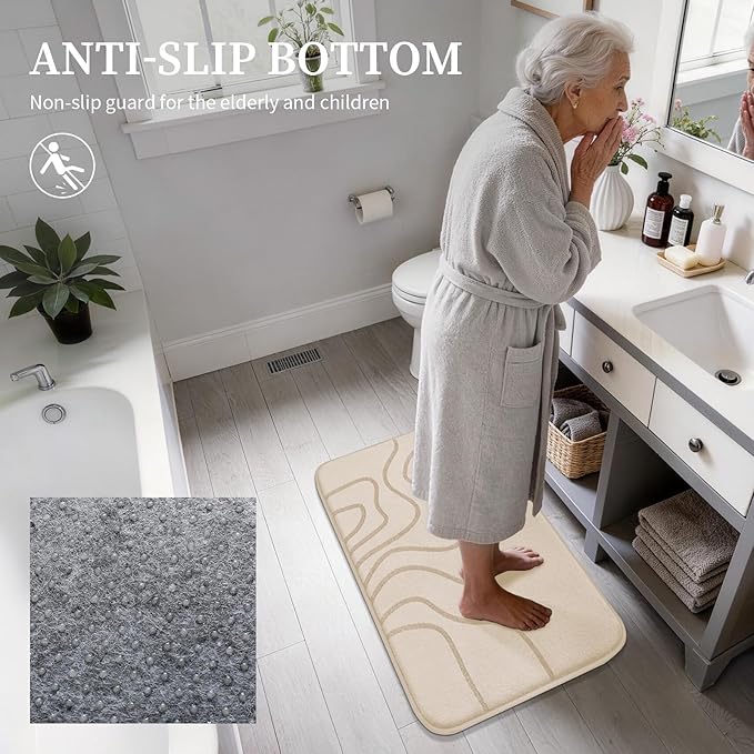 YIHOUSE Memory Foam Bathroom Rugs Sets 2 Piece, 17"x24"+20"x46", Beige | Ultra Soft, Extra Thick Bath Mat, Absorbent, Non-Slip, Machine Washable, For Tub, Shower & Home Decor Accessories