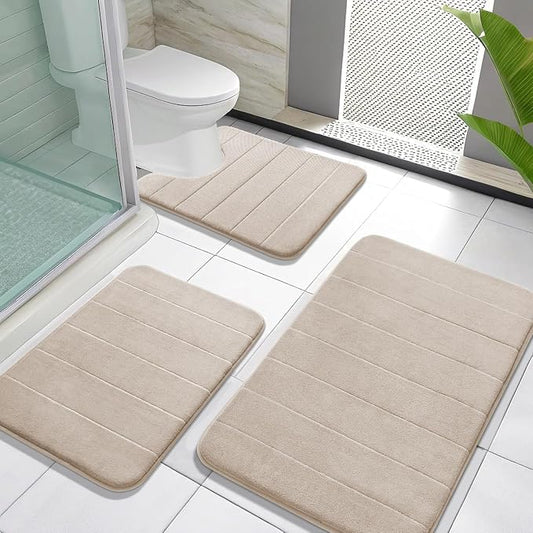 Yimobra Memory Foam Bath Mat Set 3 Pieces- Super Soft Absorbent Quick Dry Bathroom Rug Sets, Machine Washable Non Slip Floor Carpet for Tub Shower, Vanity & Toilet Base, Beige