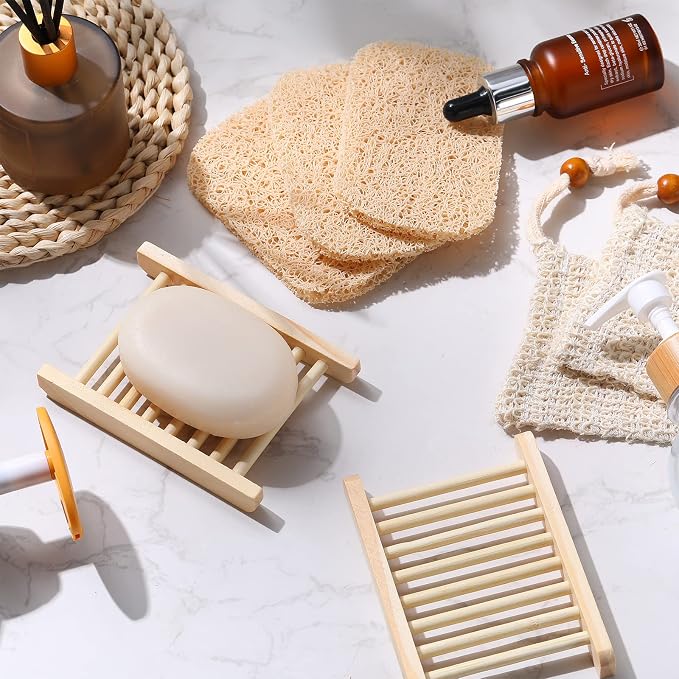 60 Pcs Soap Accessories Set Including 20 Pcs Wood Soap Holder Soap Dishes for Bar Soap Tray, 20 Pcs Soap Saver Bag Exfoliating Soap Pouch, 20 Pcs Self Draining Soap Saver Pads for Bathroom Men Bath
