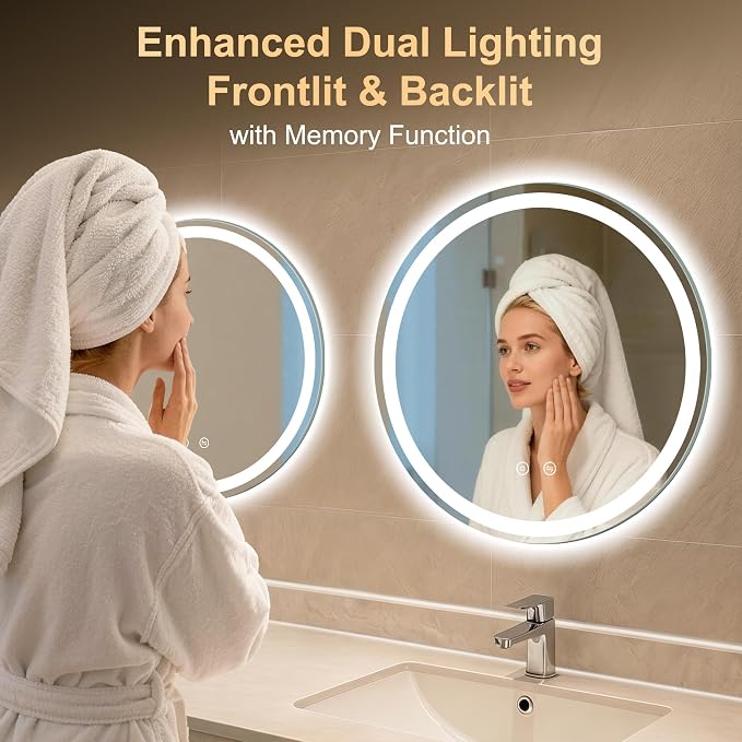 24 Inch Round LED Bathroom Mirror with Lights, Circle Lighted Vanity Mirror | Smart Anti-Fog, Dimmable 3 Color Modes, Backlit+Frontlit, Memory Function, HD Tempered Glass, Touch Sensor
