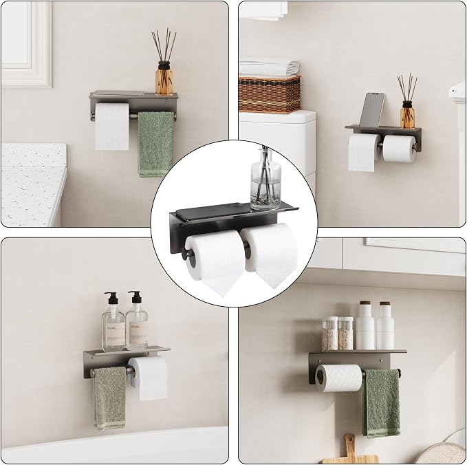 Grey Toilet Paper Roll Holder with Shelf Wall Mounted for Bathroom (Grey, Double Head)