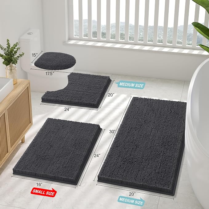 Smiry Chenille Bathroom Rugs Sets 2 Piece (36x24+24x16, Charcoal Grey) | Soft Absorbent Machine Washable Non Slip Shaggy Bath Rug Set for Tub, Shower, and Floor, Home Decor