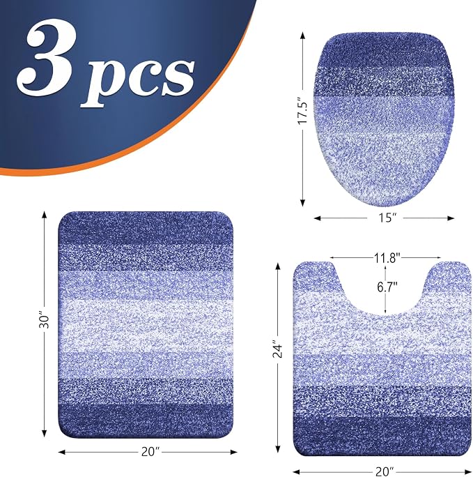 OLANLY Bathroom Rugs Sets 3 piece, Soft Microfiber Absorbent Bath Mat, U-Shaped Contour Toilet Mat and Toilet Lid Cover, Quick Dry, Machine Washable, Toilet Cover and Rug Set for Bathroom, Blue-Violet