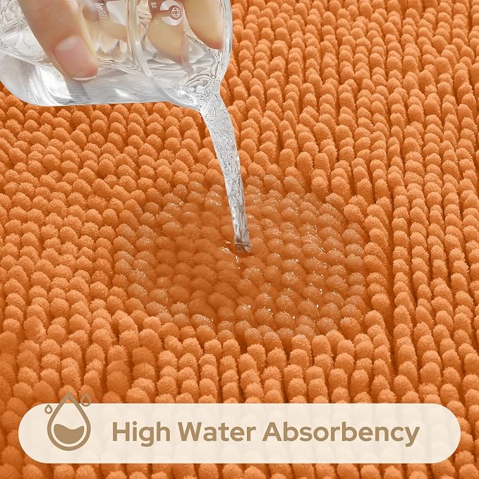 HOMEIDEAS Orange Chenille Bathroom Rugs Set of 3, Non Slip Bath Mat | Super Absorbent, Soft Microfiber, Machine Washable, Stain Resistant, for Bathroom Decor