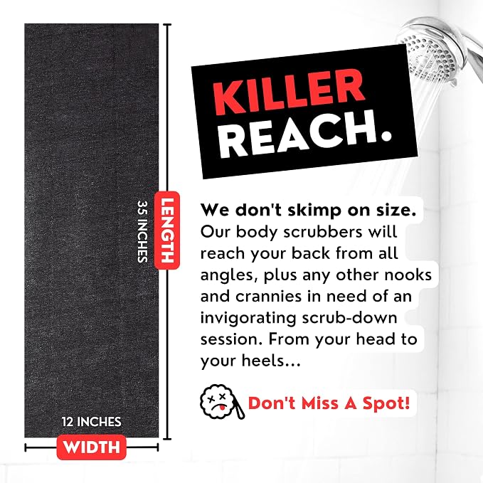 Extra Rough Exfoliating Washcloth, Extreme Body & Back Scrubber for Shower | Extra Long, Hygienic Exfoliator Wash Cloth, Men or Women, 2 Count Pack, 1 Black & 1 Grey Color, Bye Bye Loofah