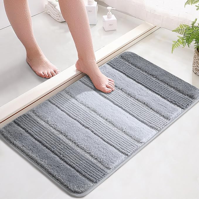 Kmson Ombre Chenille Bathroom Rugs, 20"x32" Non-Slip Bath Mat for Bathroom Floor & Bathtub, Ultra Soft Washable Shaggy Bath Rugs, Fluffy Thick Water Absorbent Microfiber Shower Mat Grey