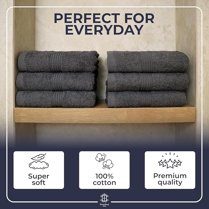 Luxe 6-Piece Hand Towel Set – Soft & Absorbent Cotton, Hotel Quality, Quick-Drying, Easy Care,16 x 28 in (Dark Grey)