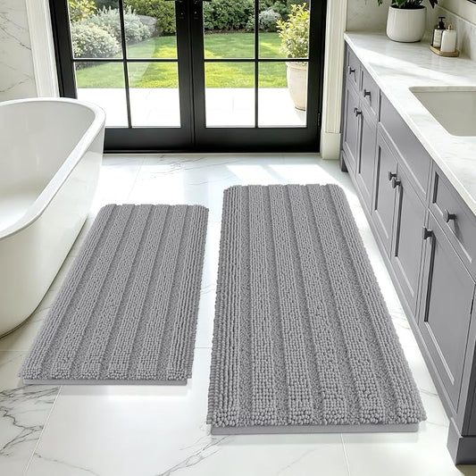 Striped Light Grey Bathroom Rug Mat Set 2 piece 24"x17"+48"x20" Ultra Soft, Non Slip Chenille Bath Rugs, Absorbent Plush Shaggy Bath Mats for Bathroom, Bedroom, Kitchen, Shower, Tub,Light Gray