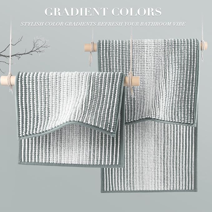 Bathroom Rugs Sets 2 Piece, Non Slip Striped Bath Mats, Light Gray | 20"x32" Plus 16"x24"，Soft Absorbent Chenille, Quick Dry Machine Washable, Shower Rug for Bathroom Floor, Tub, Bedroom Decor