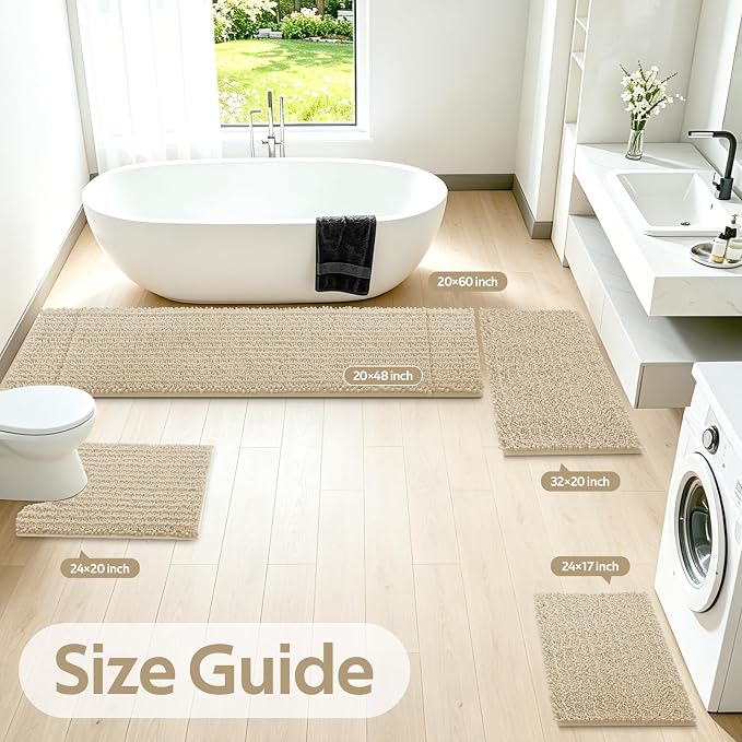 ACCUMTEK Upgrade Extra Large Beige Bathroom Rug Set 3 Pieces Ultra Soft, Thick Absorbent Bath Mats, Non Slip Chenille Toilet Mat for Bathroom, Bedroom, Kitchen