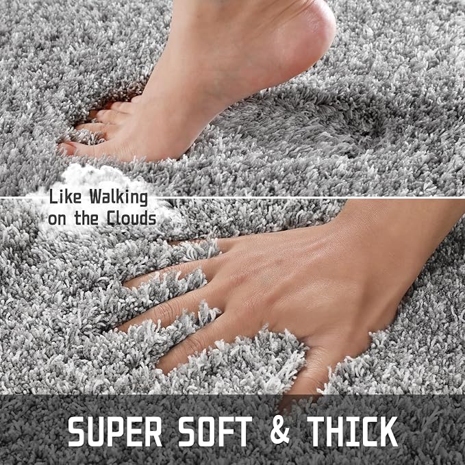 Yimobra Fluffy Bathroom Toilet Rug Set, 24x17+24x20, Light Gray and White | Soft Absorbent Microfiber Bath Mat Set, Non Slip, Machine Washable Quick Dry, Plush Shaggy Shower Rugs for Bathroom Floor