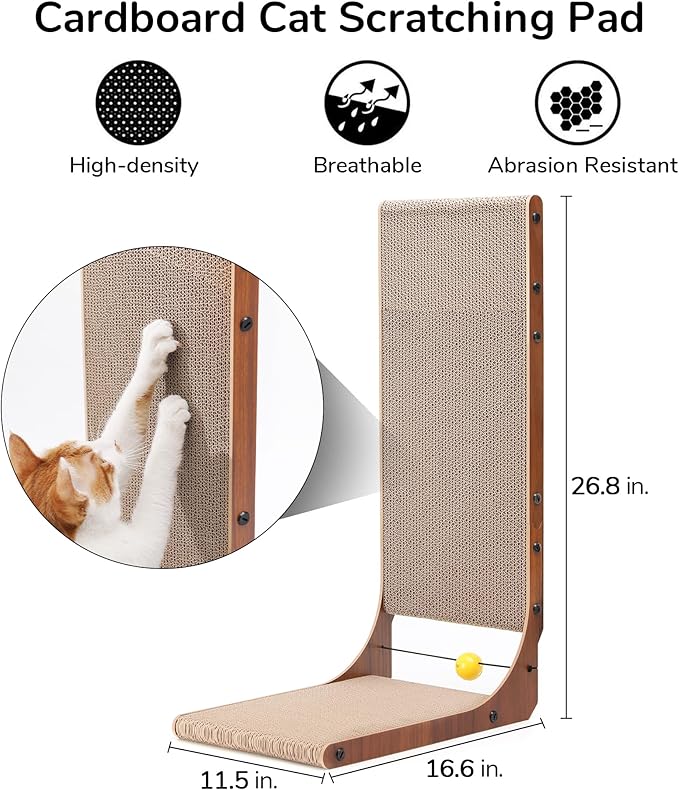FUKUMARU Cat Scratcher for Indoor Cats, 26.8 Inch Cat Scratch Pad L Shaped | 2 Packs Cardboard Cat Scratcher, Vertical Cat Scratching Board with Ball Toy, Walnut Color