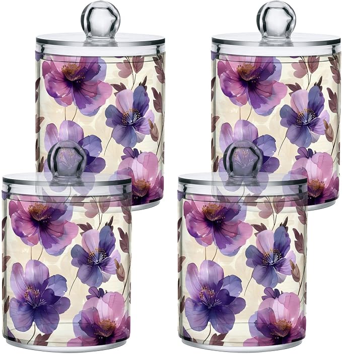 ALAZA 4 Pack Qtip Holder Dispenser Purple Tulip Flower Beige Cotton Ball Cotton Swab Round Pads Floss Clear Bathroom Storage Containers Plastic Apothecary Jars with Lids