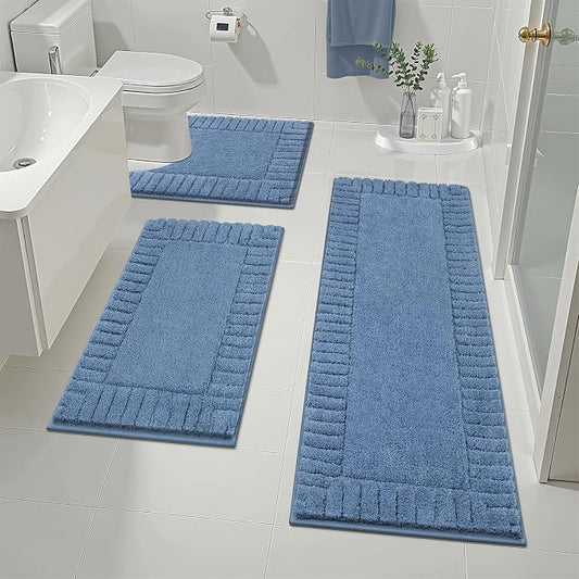 Pauwer Bathroom Rugs Sets 3 Piece, Microfiber Bath Mat Set, Blue | Non Slip Washable, Soft Plush, Extra Absorbent Bath Mats, U Shaped Contour Toilet Rug for Bathroom