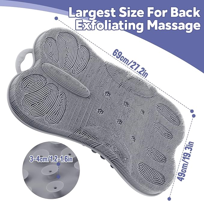 Kalolary Silicone Back Exfoliating Cleaner, Large Foot Cleaner Brush with Back Support Anti-Slip Suction Cups, Exfoliating Feet Scrubber for Shower to Clean & Massage Feet Without Bending Over (Grey)