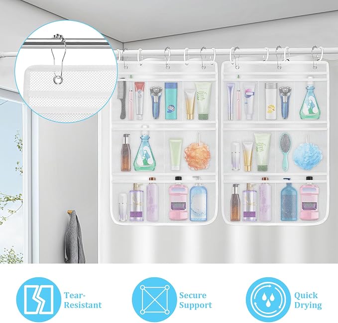 Mesh Shower Organizer for Bath, 2 Pack Mesh Shower Caddy Hanging, Quick Dry | 7 Pockets in Multiple Sizes, 6 Hooks, Portable for Dorms, Gyms, Cruises, Camping, RVs, Toiletry and Travel